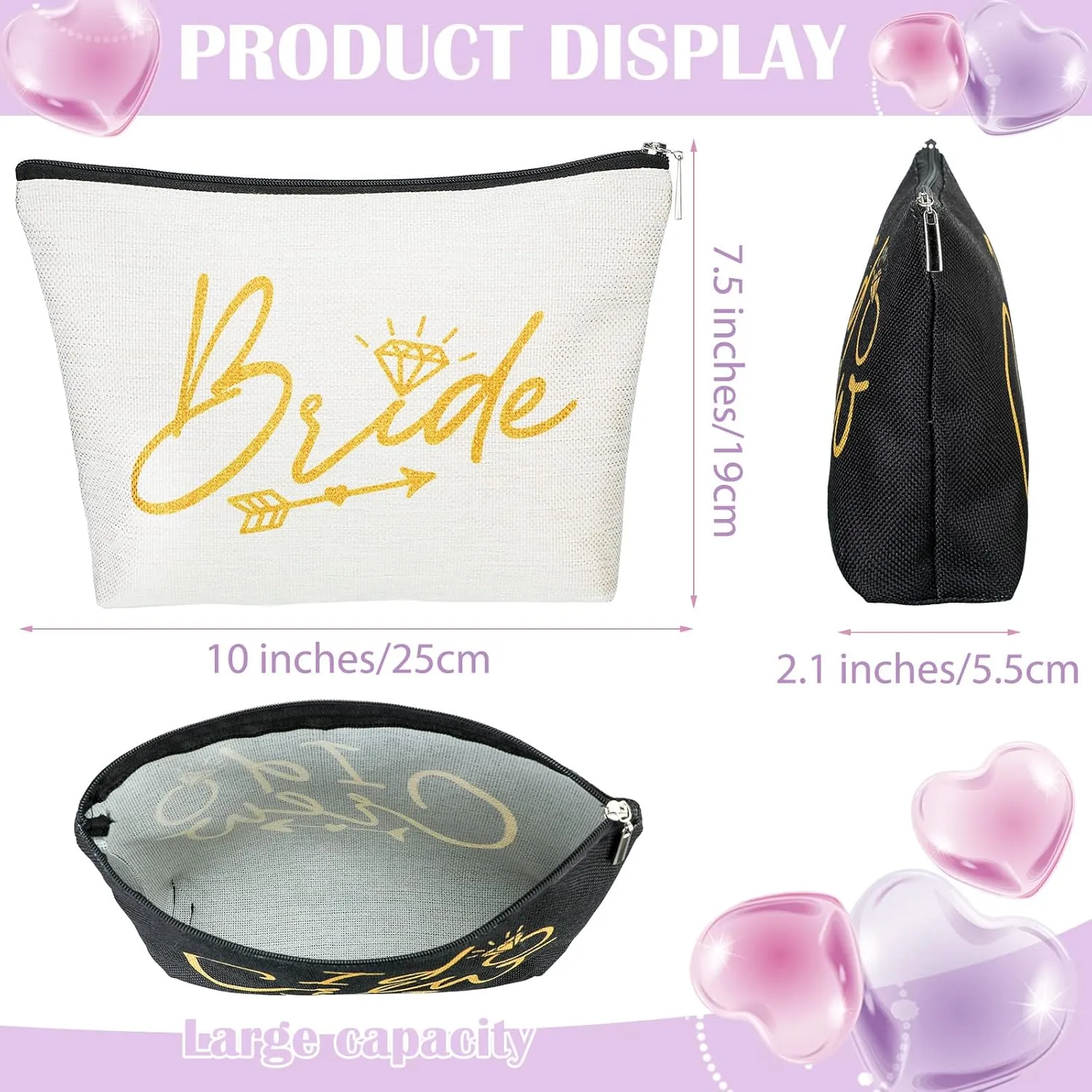 11 Pieces Wedding Makeup Bags Bridal Shower Cosmetic Bag Bachelorette Party Canvas Makeup Bags Bride I Do Crew Bridesmaid Proposal Gifts for Women (White, Black)