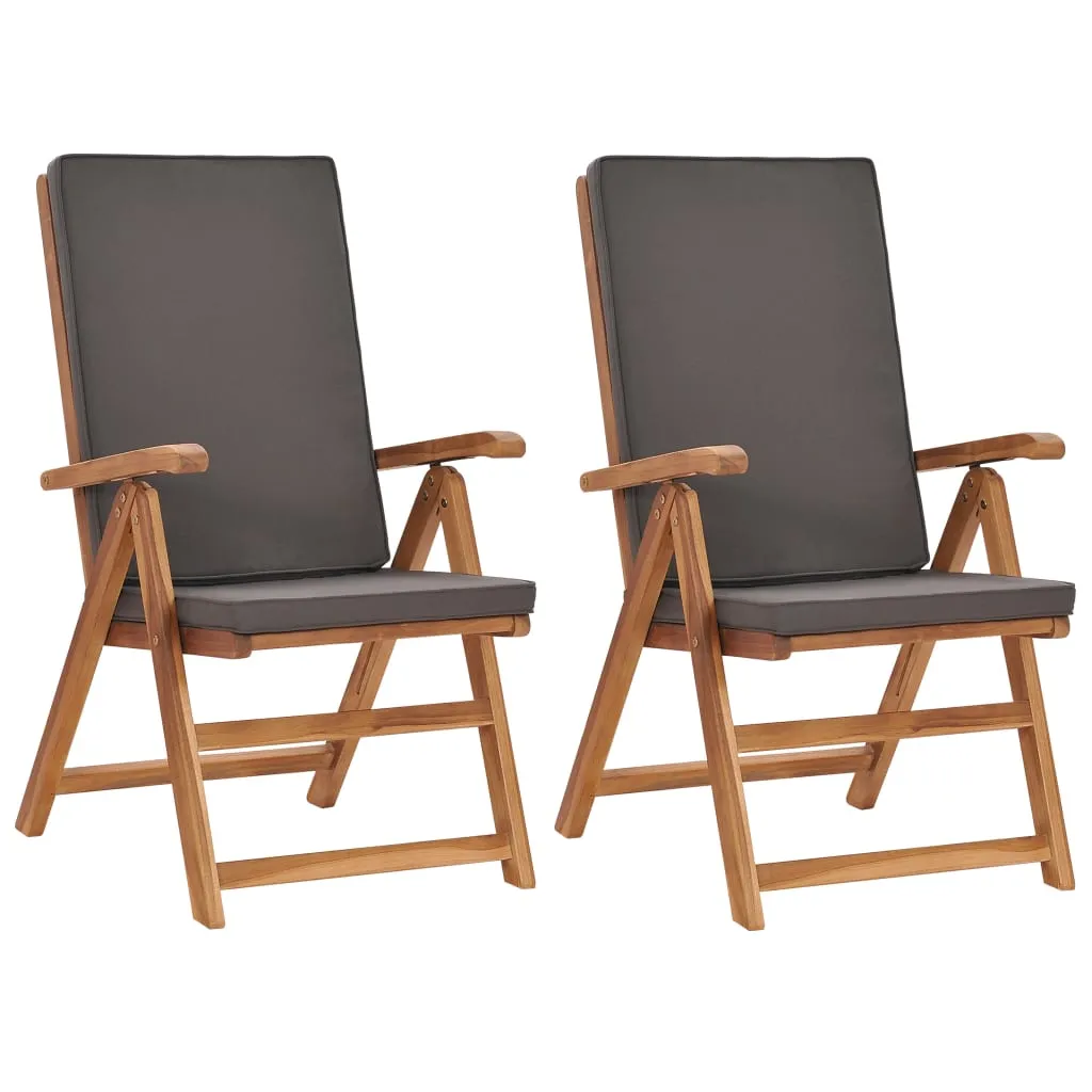 2x Solid Teak Wood Reclining Garden Chairs with Cushions Gray/Cream