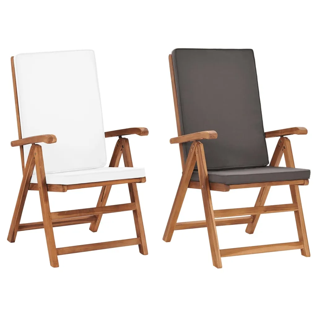 2x Solid Teak Wood Reclining Garden Chairs with Cushions Gray/Cream
