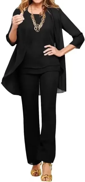3 Pieces Pant Suits for Women Dressy Wedding Chiffon Mother of The Bride Pantsuits 3/4 Sleeves Formal Outfit Sets