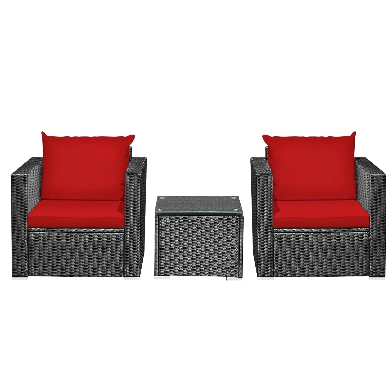 3pc Wicker Rattan Patio Conversation Set with Cushion - Red