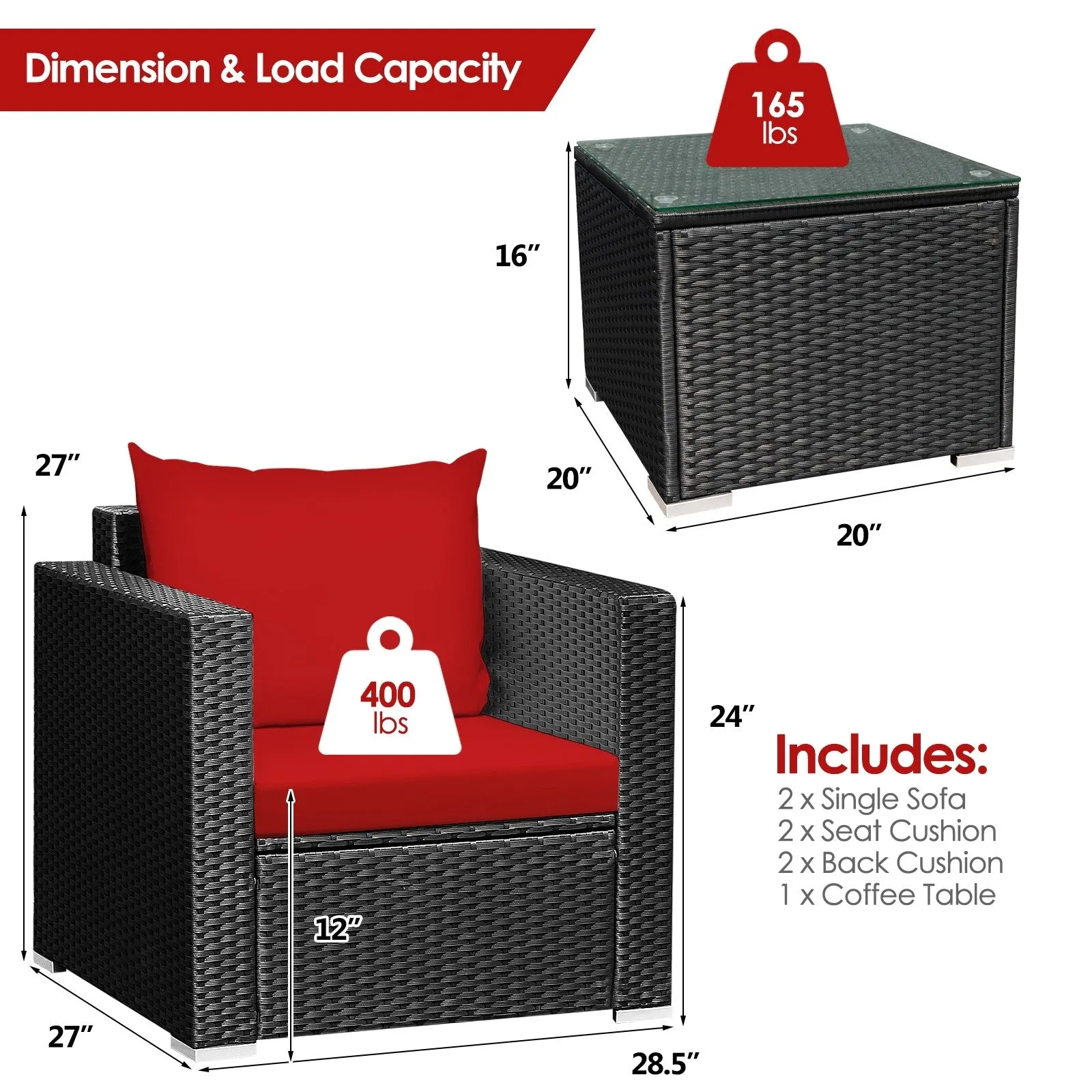 3pc Wicker Rattan Patio Conversation Set with Cushion - Red