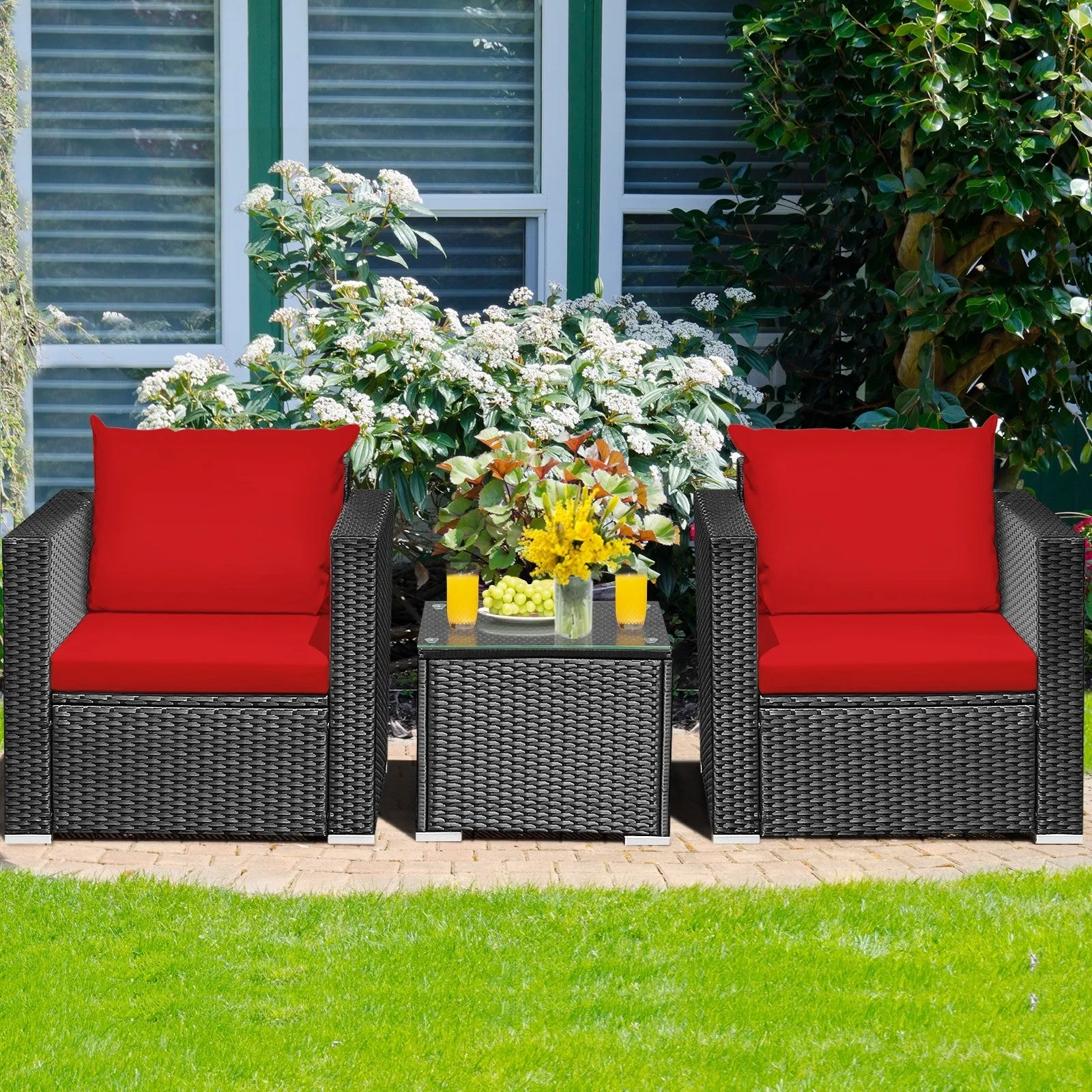 3pc Wicker Rattan Patio Conversation Set with Cushion - Red