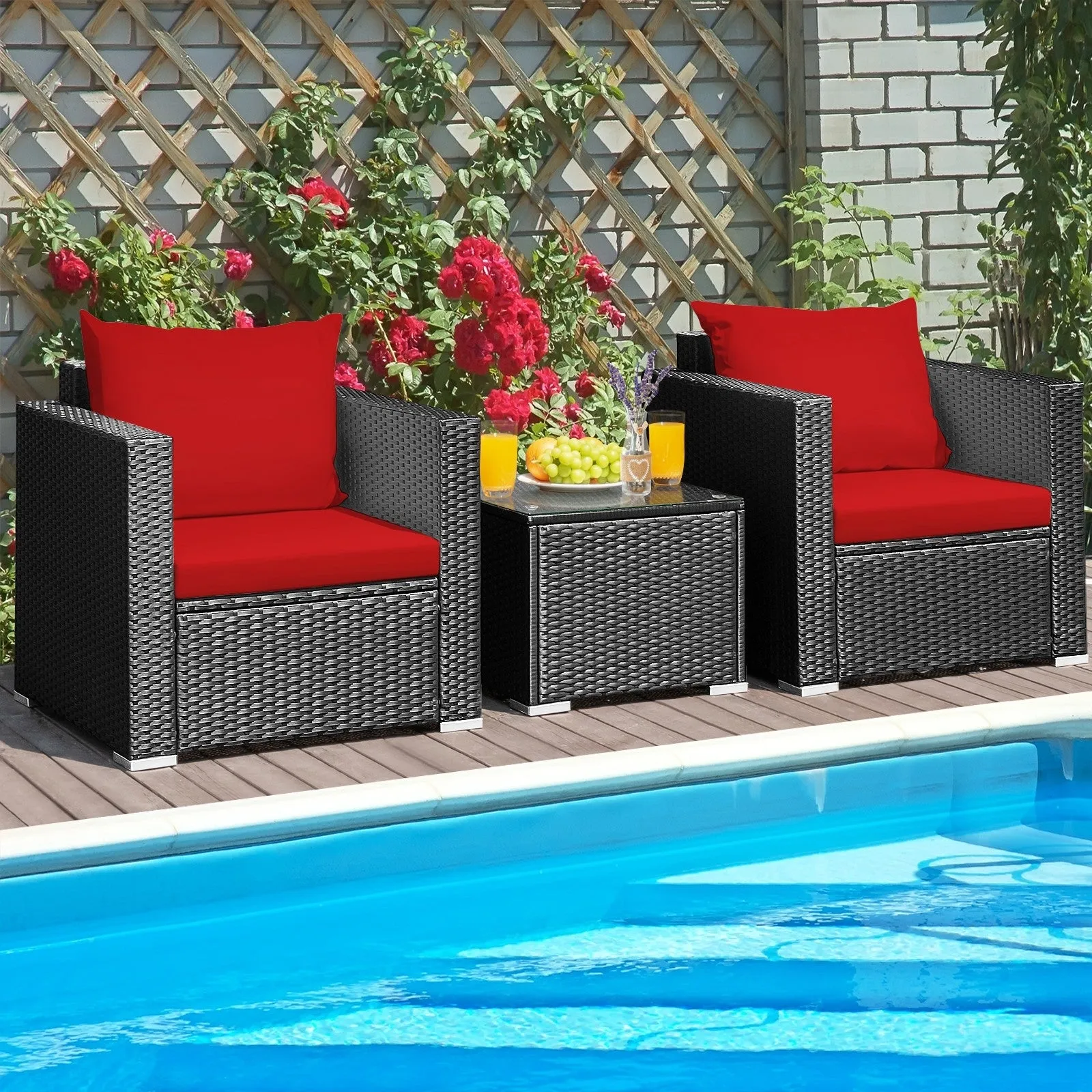 3pc Wicker Rattan Patio Conversation Set with Cushion - Red