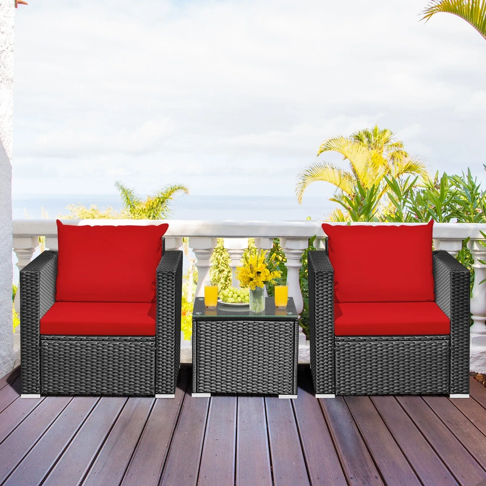 3pc Wicker Rattan Patio Conversation Set with Cushion - Red