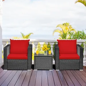 3pc Wicker Rattan Patio Conversation Set with Cushion - Red