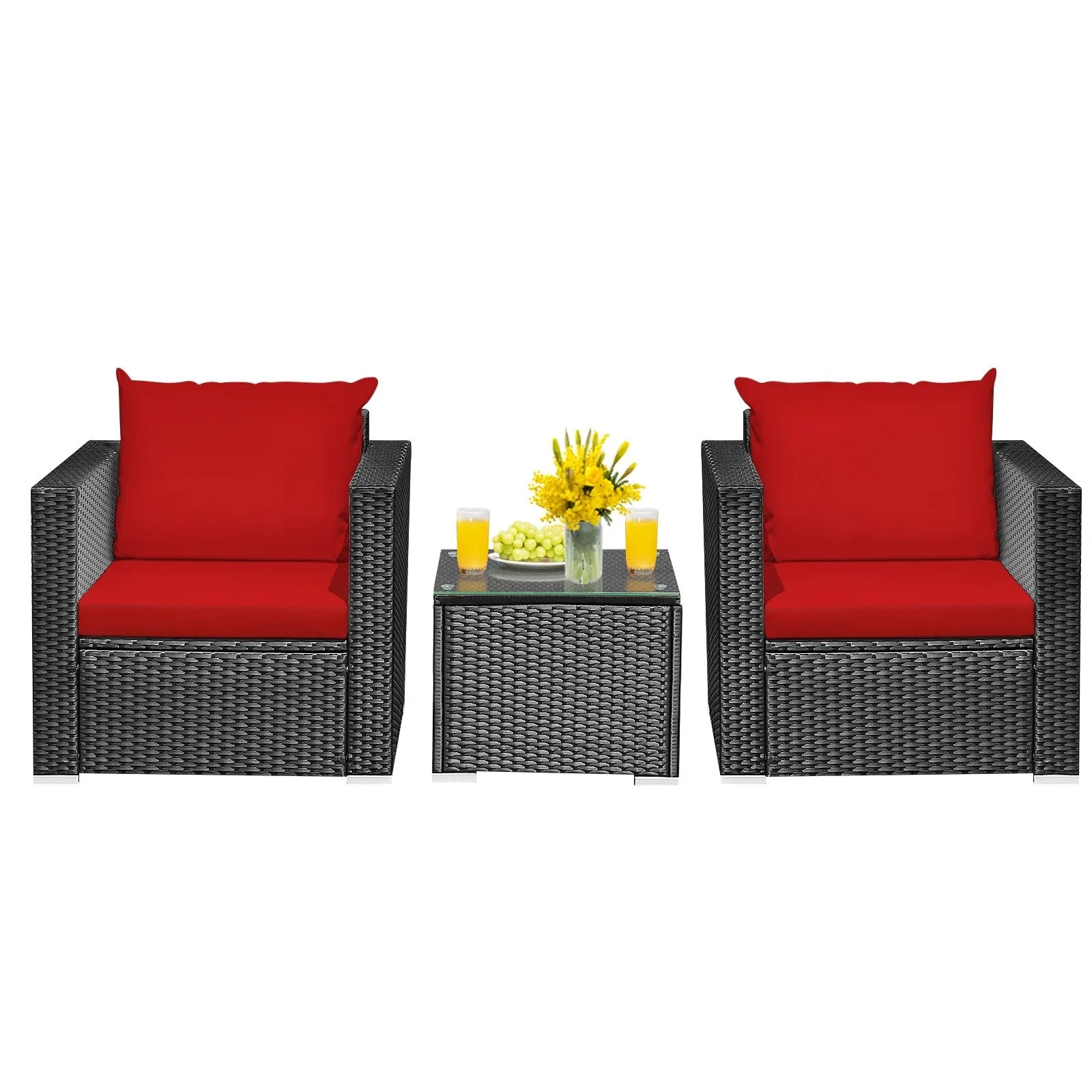 3pc Wicker Rattan Patio Conversation Set with Cushion - Red