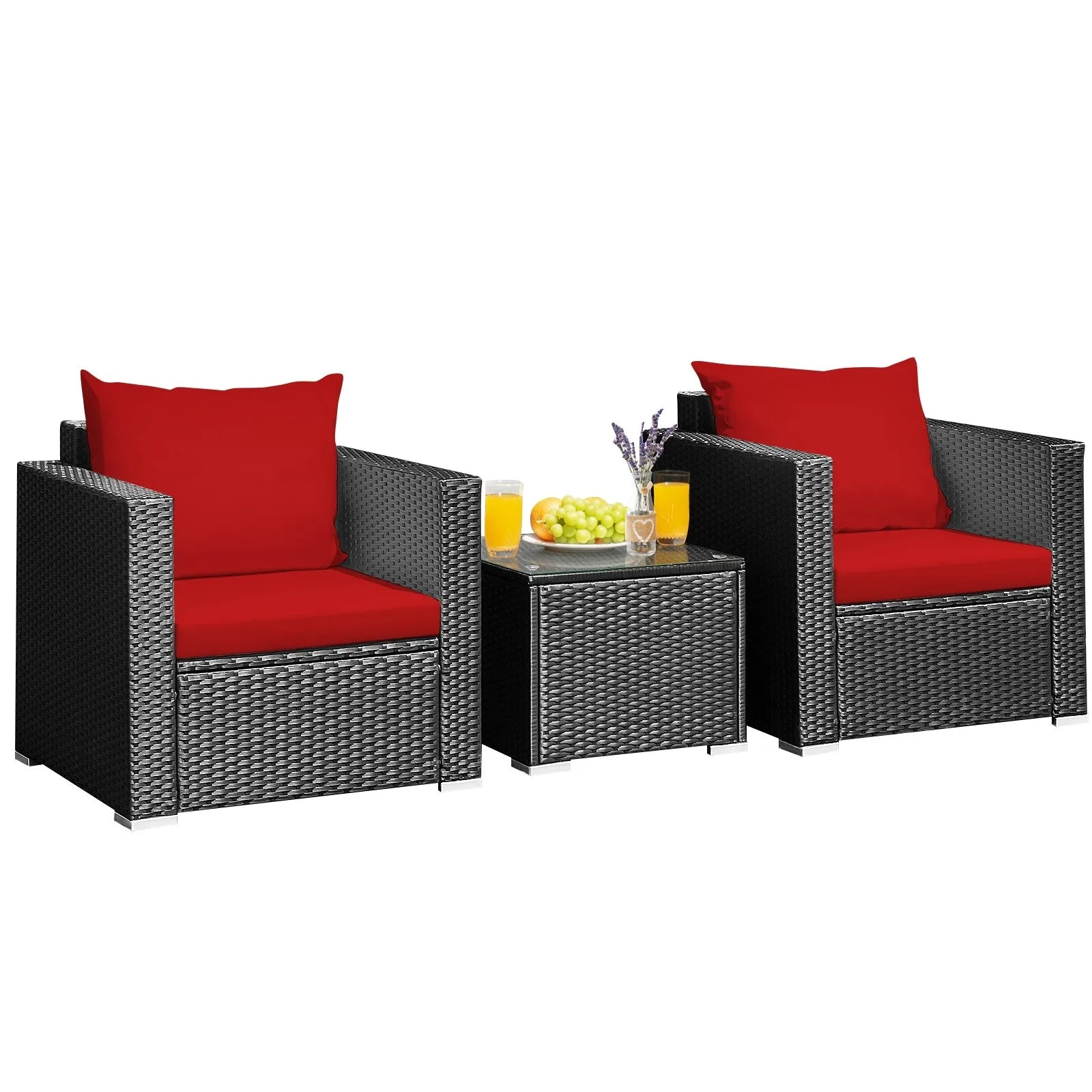 3pc Wicker Rattan Patio Conversation Set with Cushion - Red