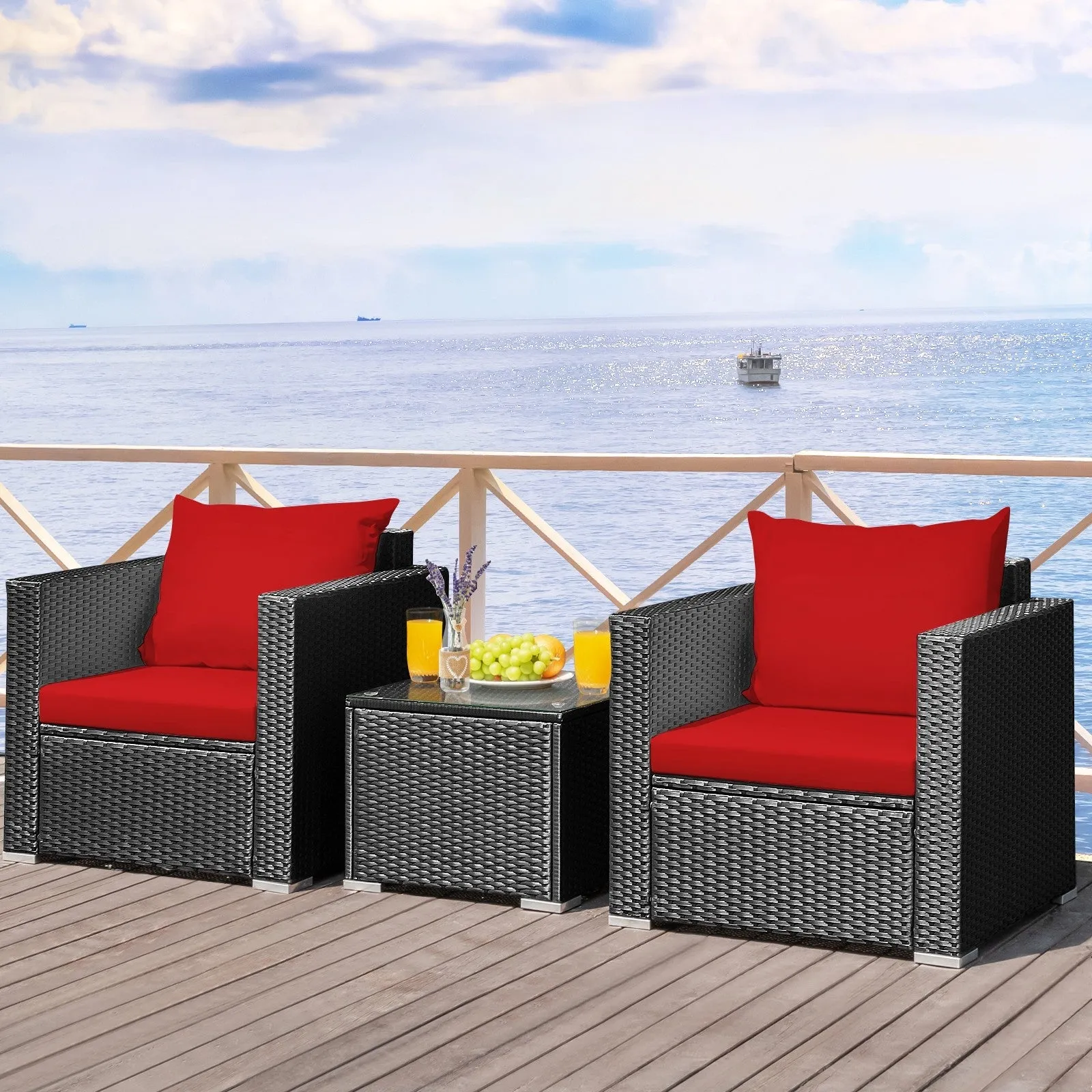 3pc Wicker Rattan Patio Conversation Set with Cushion - Red