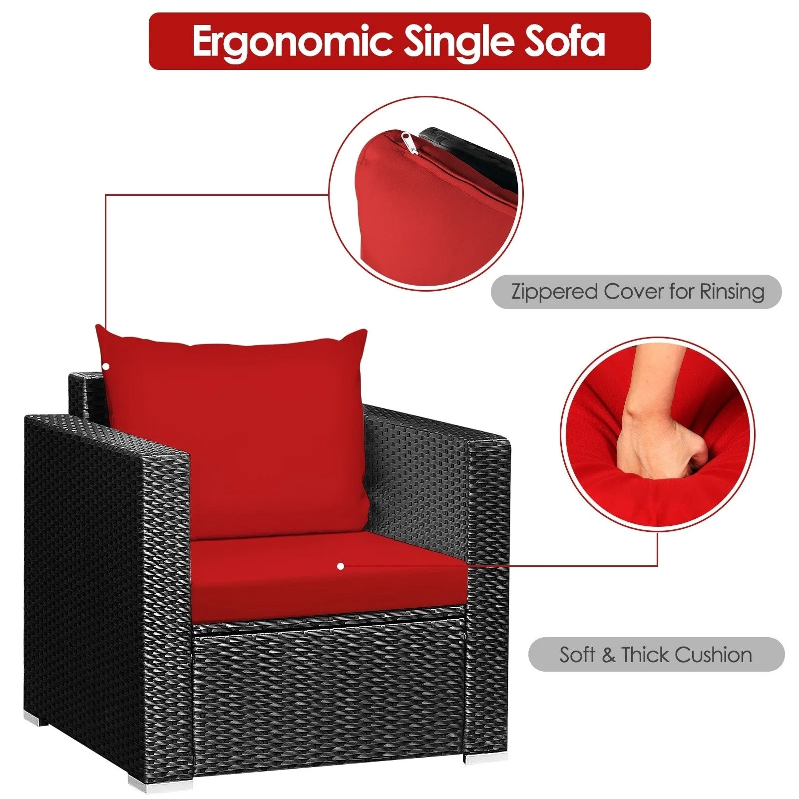 3pc Wicker Rattan Patio Conversation Set with Cushion - Red
