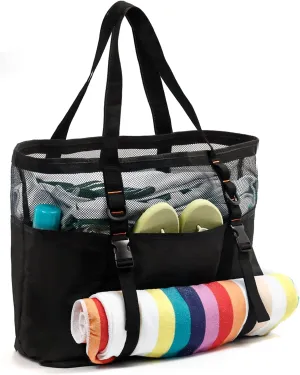40L Mesh Beach Bag Tote with Zipper Drain Sand for Women Swimming Travel Black 15H 17W 8D inch