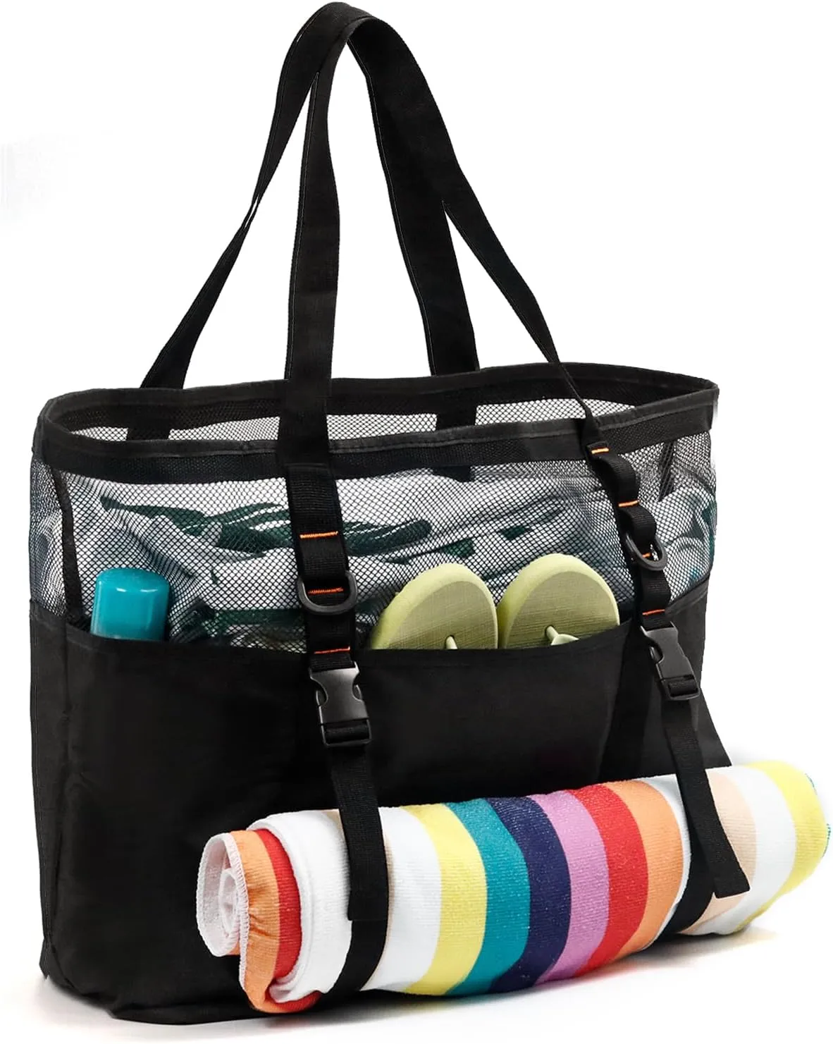 40L Mesh Beach Bag Tote with Zipper Drain Sand for Women Swimming Travel Black 15H 17W 8D inch