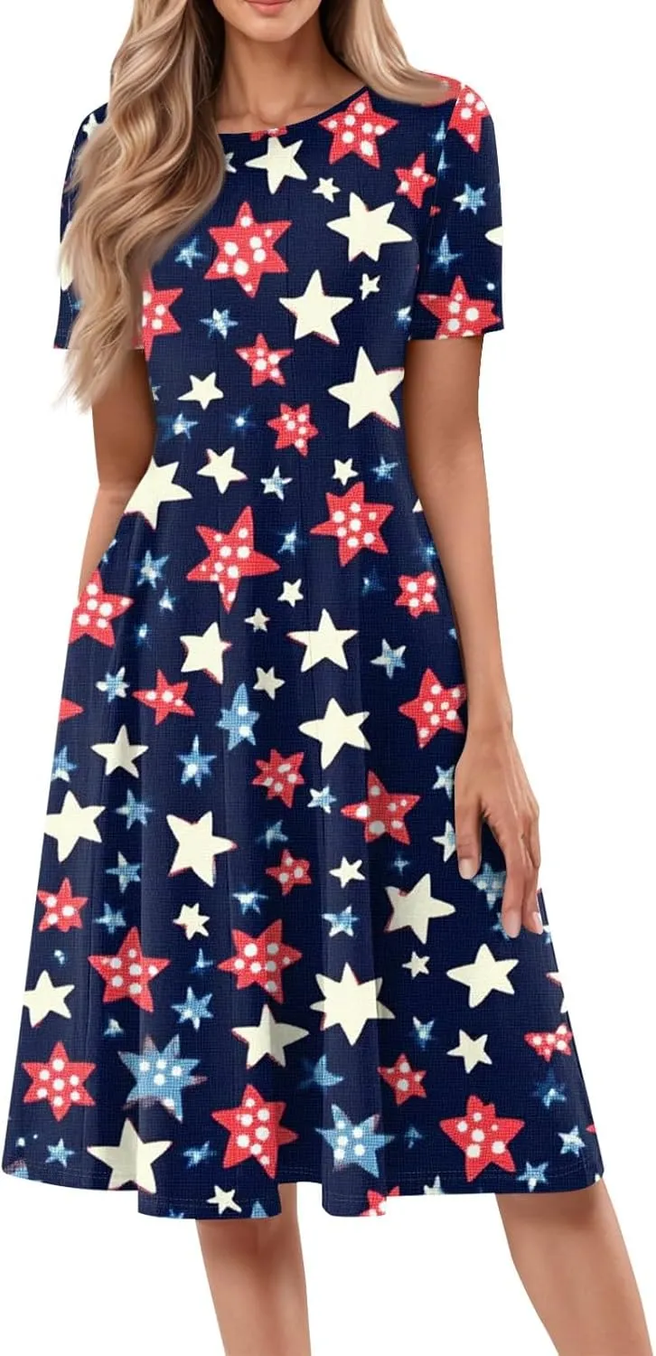4th July Dresses Plus Size Women's Casual Comfy Fashion Round Neck Short Sleeve Print Midi Dress