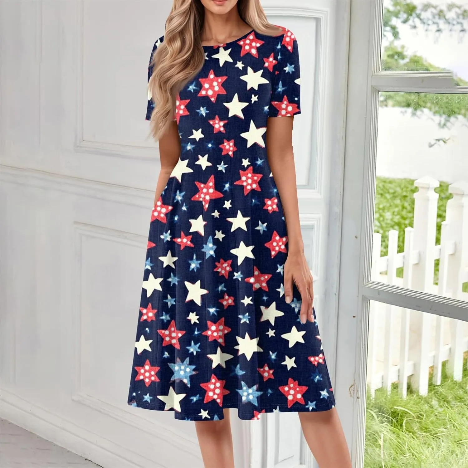 4th July Dresses Plus Size Women's Casual Comfy Fashion Round Neck Short Sleeve Print Midi Dress