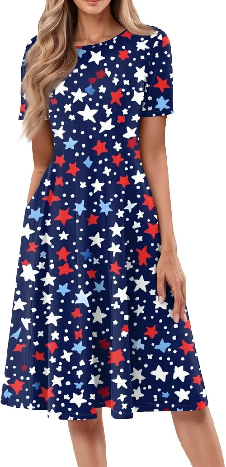 4th July Dresses Plus Size Women's Casual Comfy Fashion Round Neck Short Sleeve Print Midi Dress