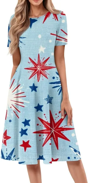4th July Dresses Plus Size Women's Casual Comfy Fashion Round Neck Short Sleeve Print Midi Dress