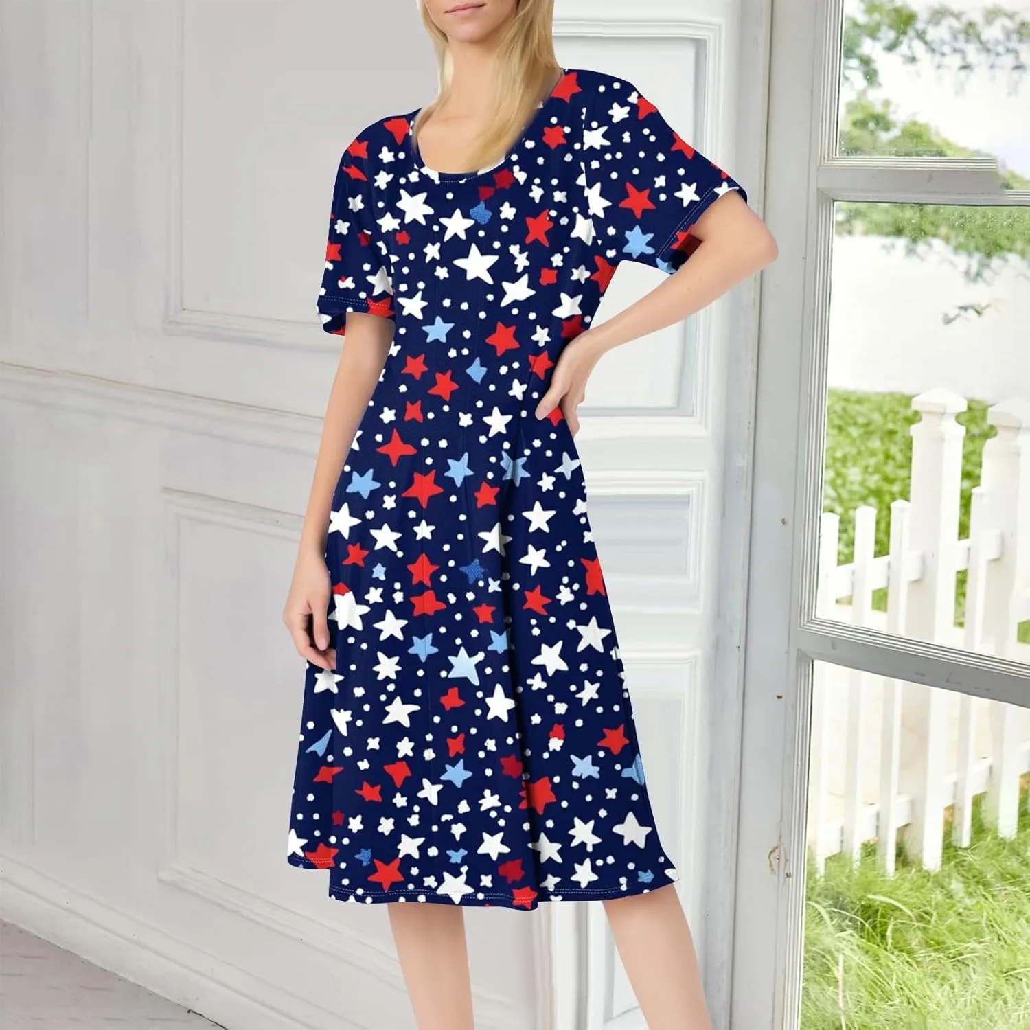 4th July Dresses Plus Size Women's Casual Comfy Fashion Round Neck Short Sleeve Print Midi Dress