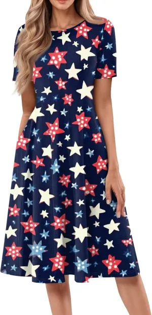 4th July Dresses Plus Size Women's Casual Comfy Fashion Round Neck Short Sleeve Print Midi Dress