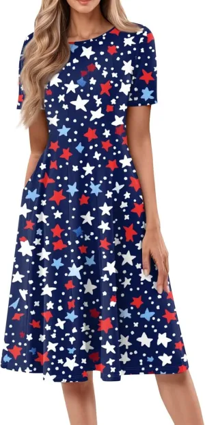 4th July Dresses Plus Size Women's Casual Comfy Fashion Round Neck Short Sleeve Print Midi Dress