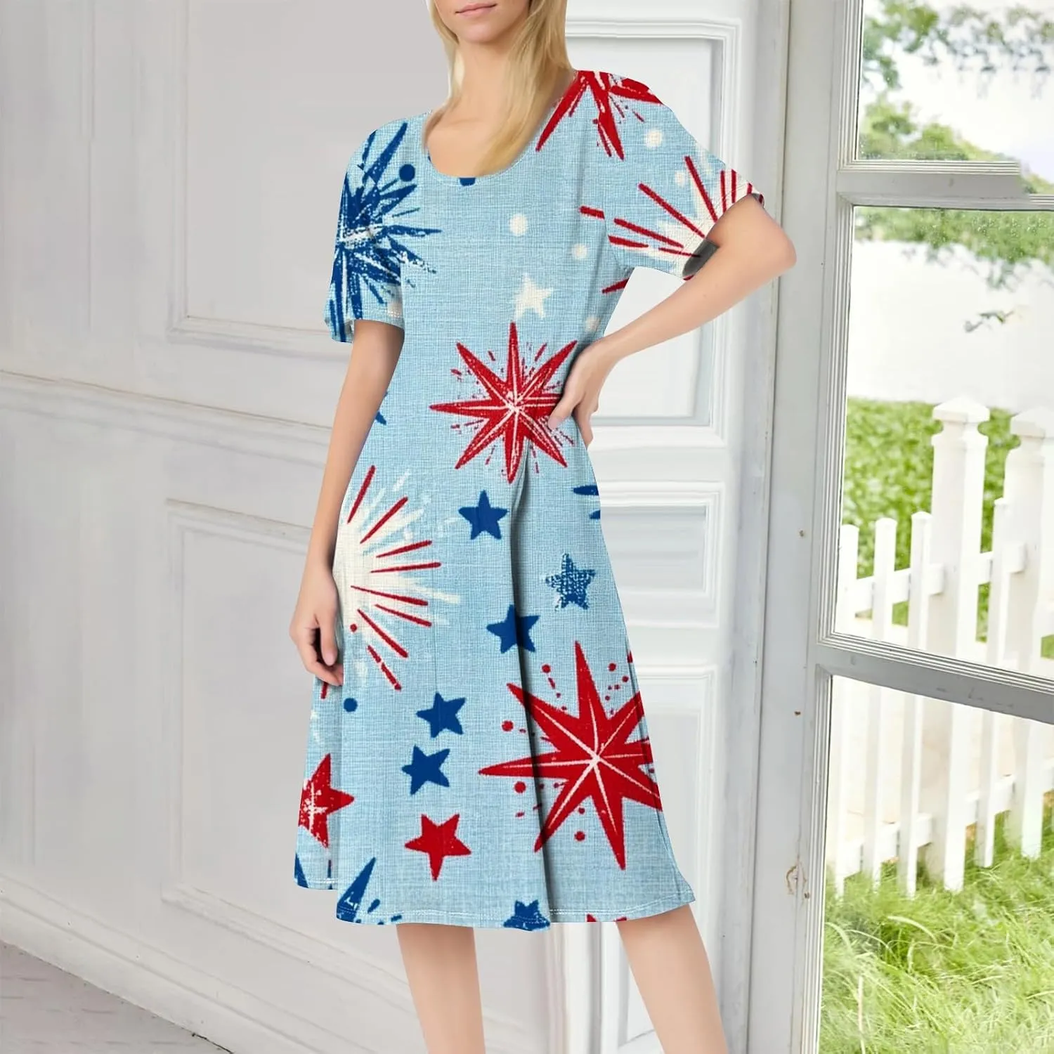 4th July Dresses Plus Size Women's Casual Comfy Fashion Round Neck Short Sleeve Print Midi Dress