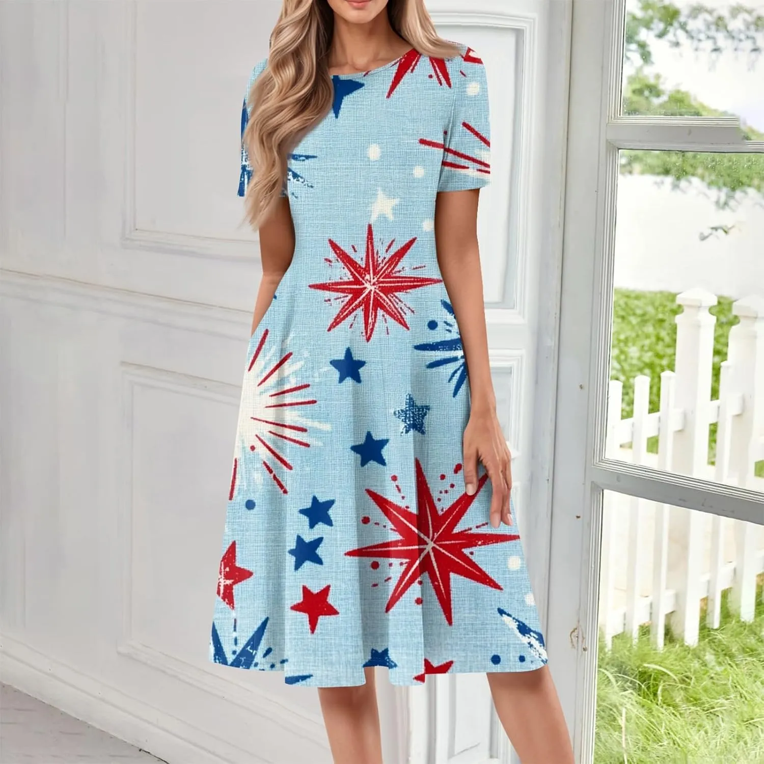 4th July Dresses Plus Size Women's Casual Comfy Fashion Round Neck Short Sleeve Print Midi Dress