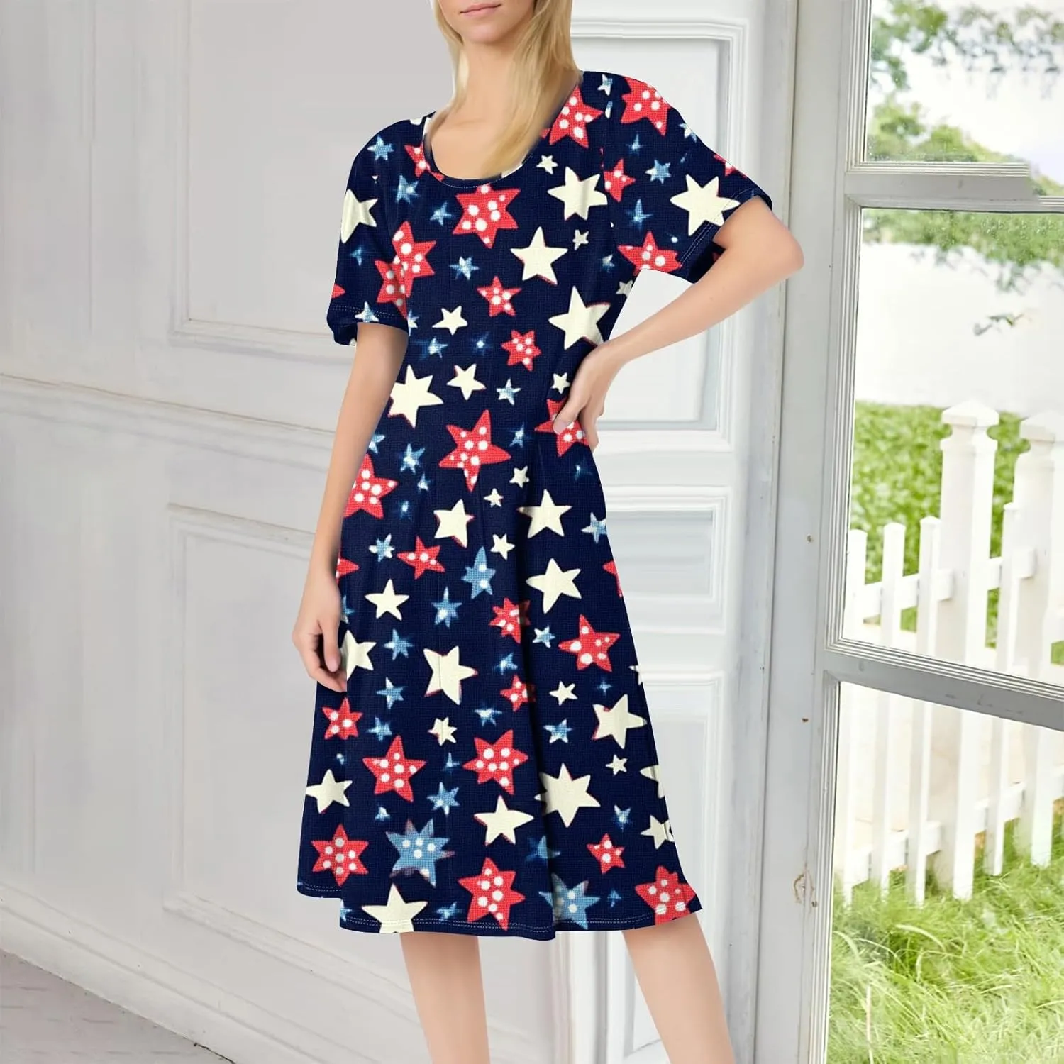 4th July Dresses Plus Size Women's Casual Comfy Fashion Round Neck Short Sleeve Print Midi Dress