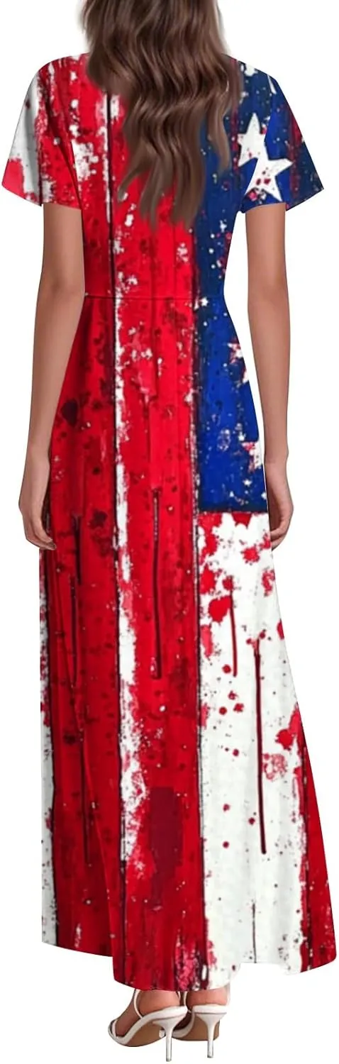4th of July Dress Women's Summer Casual Fashion Independence Day Printed Outfit V-Neck Short Sleeve Dresses