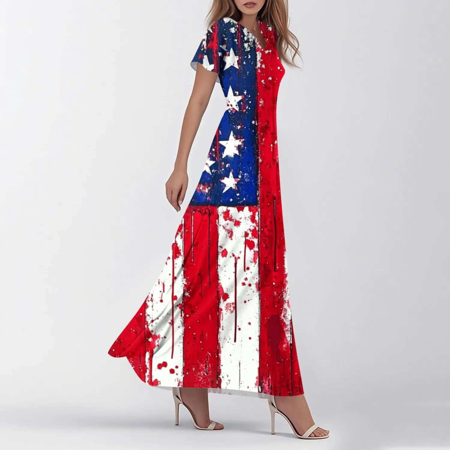 4th of July Dress Women's Summer Casual Fashion Independence Day Printed Outfit V-Neck Short Sleeve Dresses