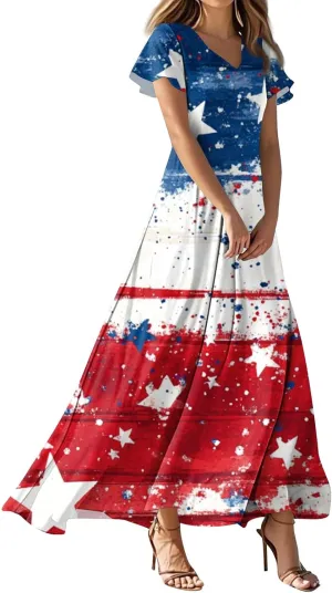 4th of July Dress Women's Summer Casual Fashion Independence Day Printed Outfit V-Neck Short Sleeve Dresses