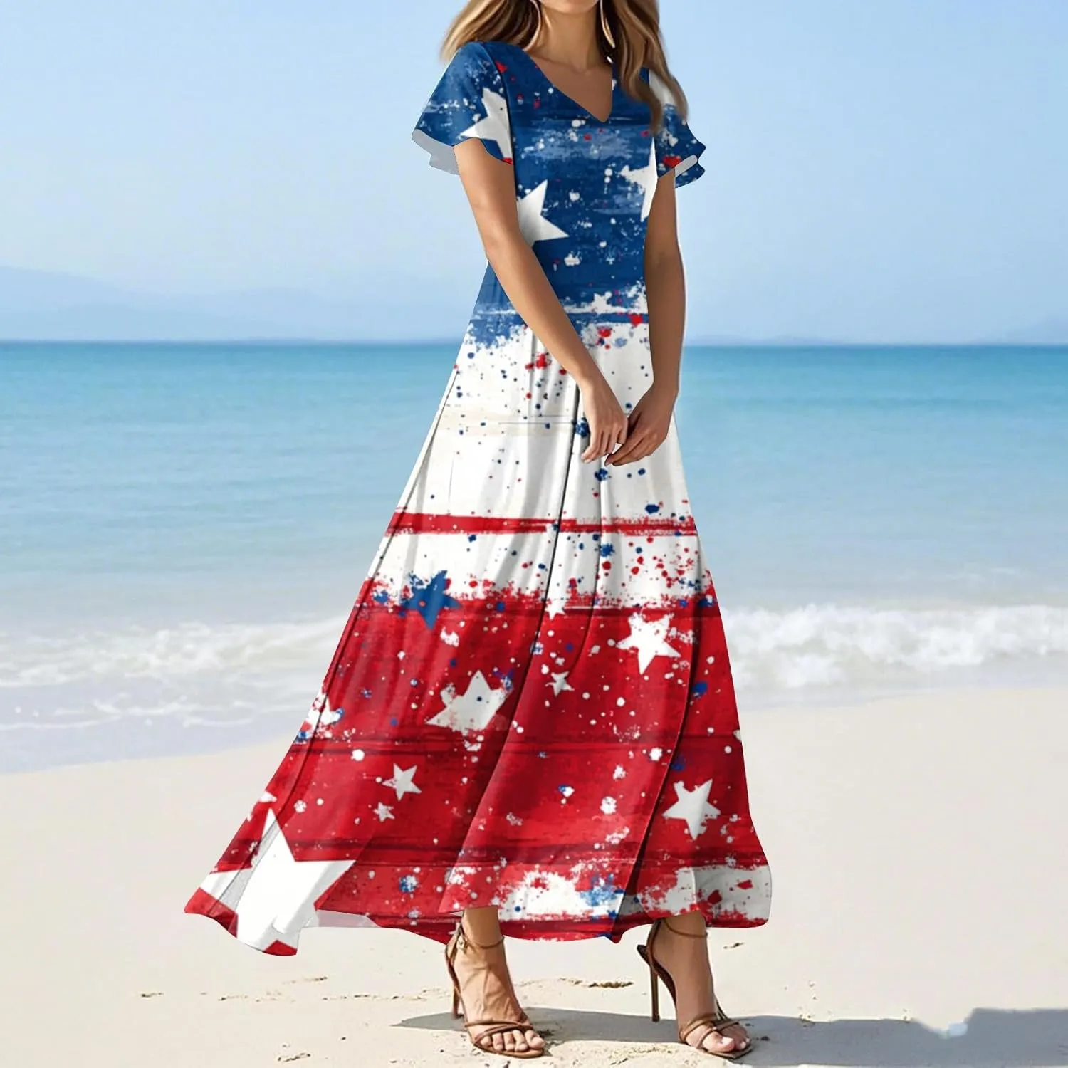 4th of July Dress Women's Summer Casual Fashion Independence Day Printed Outfit V-Neck Short Sleeve Dresses