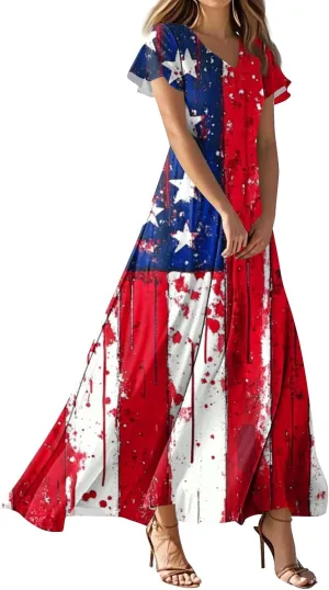 4th of July Dress Women's Summer Casual Fashion Independence Day Printed Outfit V-Neck Short Sleeve Dresses