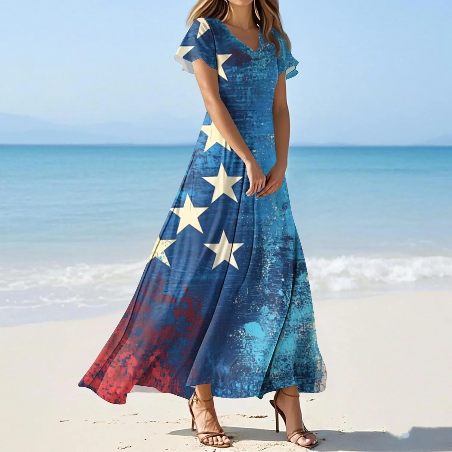 4th of July Dress Women's Summer Casual Fashion Independence Day Printed Outfit V-Neck Short Sleeve Dresses