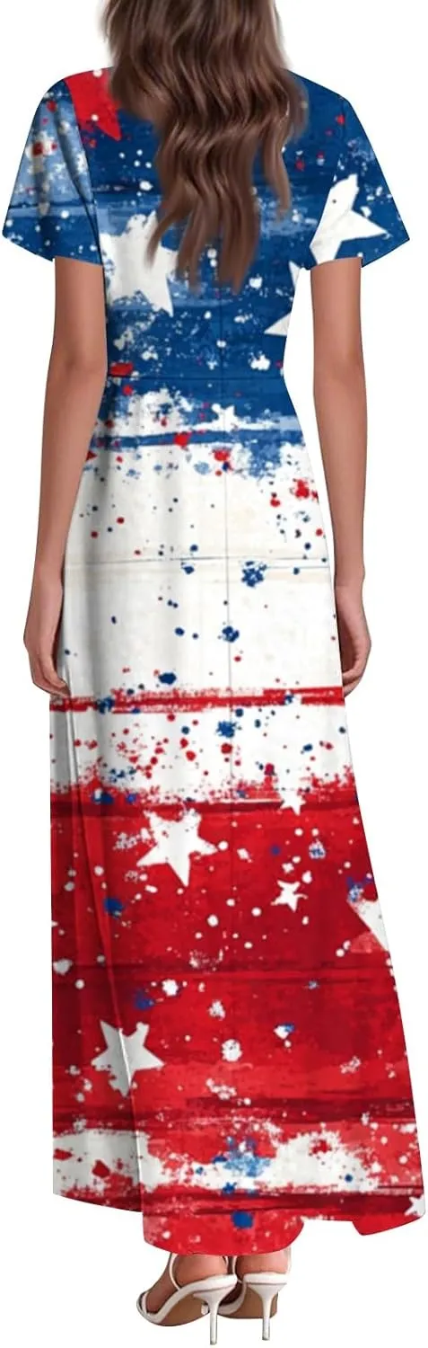 4th of July Dress Women's Summer Casual Fashion Independence Day Printed Outfit V-Neck Short Sleeve Dresses