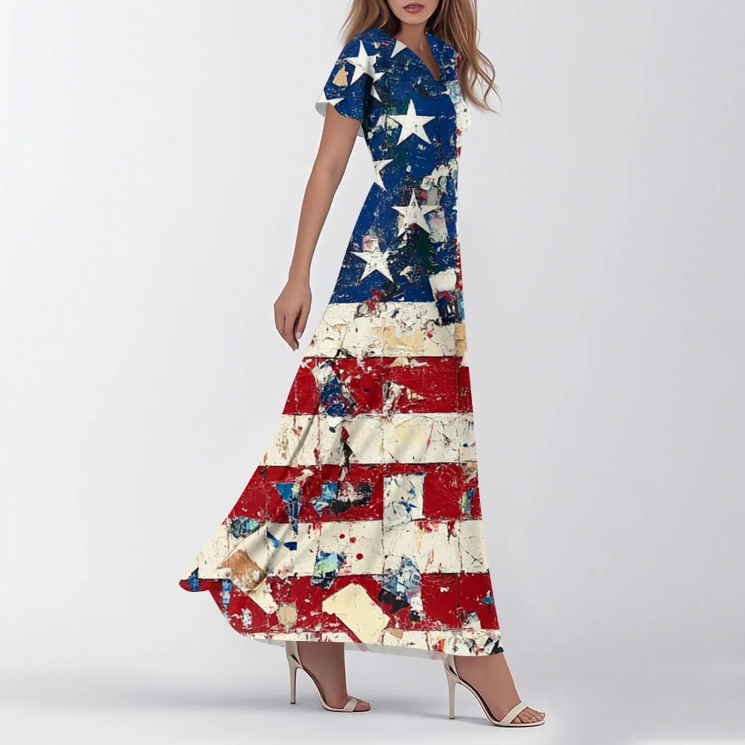4th of July Dress Women's Summer Casual Fashion Independence Day Printed Outfit V-Neck Short Sleeve Dresses