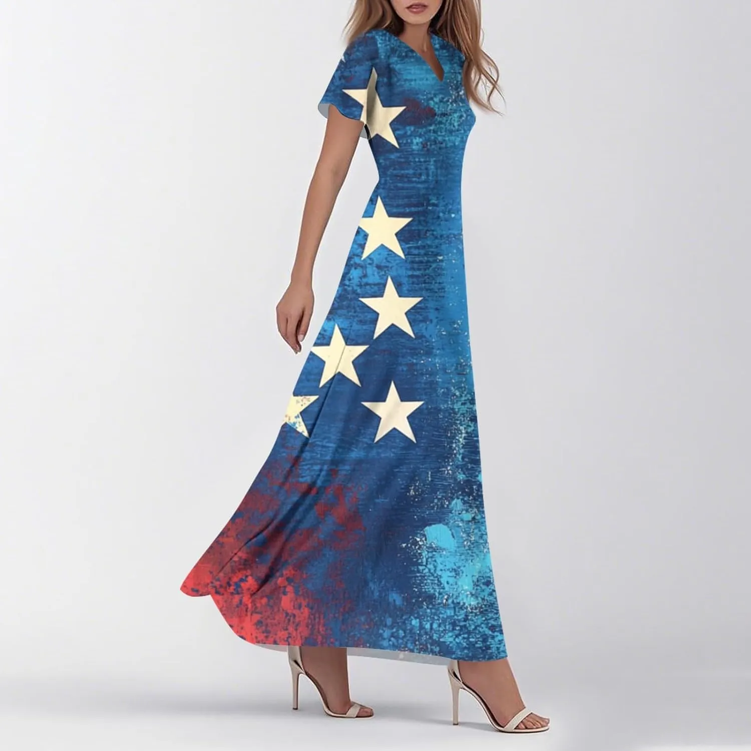 4th of July Dress Women's Summer Casual Fashion Independence Day Printed Outfit V-Neck Short Sleeve Dresses