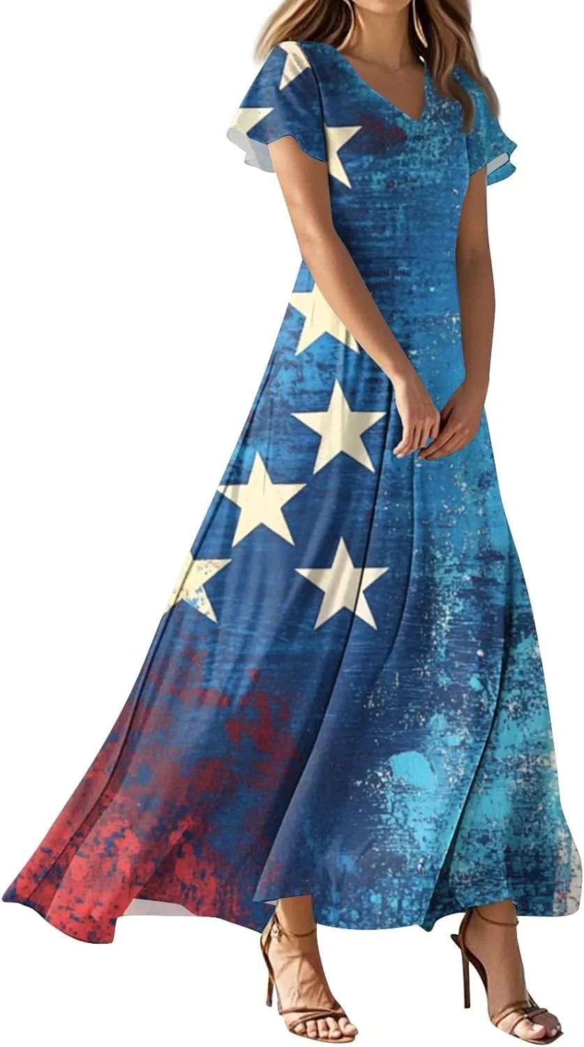 4th of July Dress Women's Summer Casual Fashion Independence Day Printed Outfit V-Neck Short Sleeve Dresses