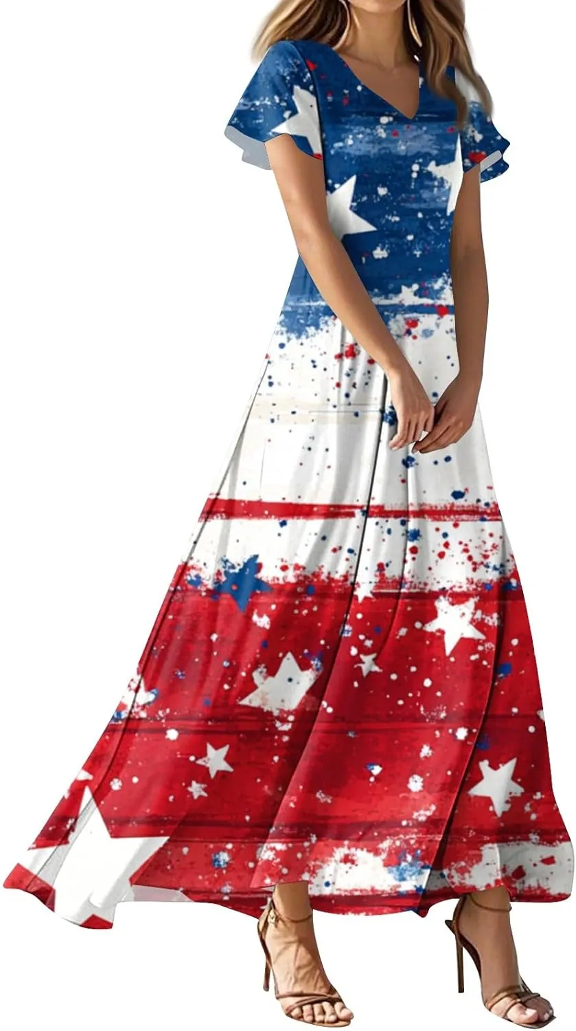 4th of July Dress Women's Summer Casual Fashion Independence Day Printed Outfit V-Neck Short Sleeve Dresses