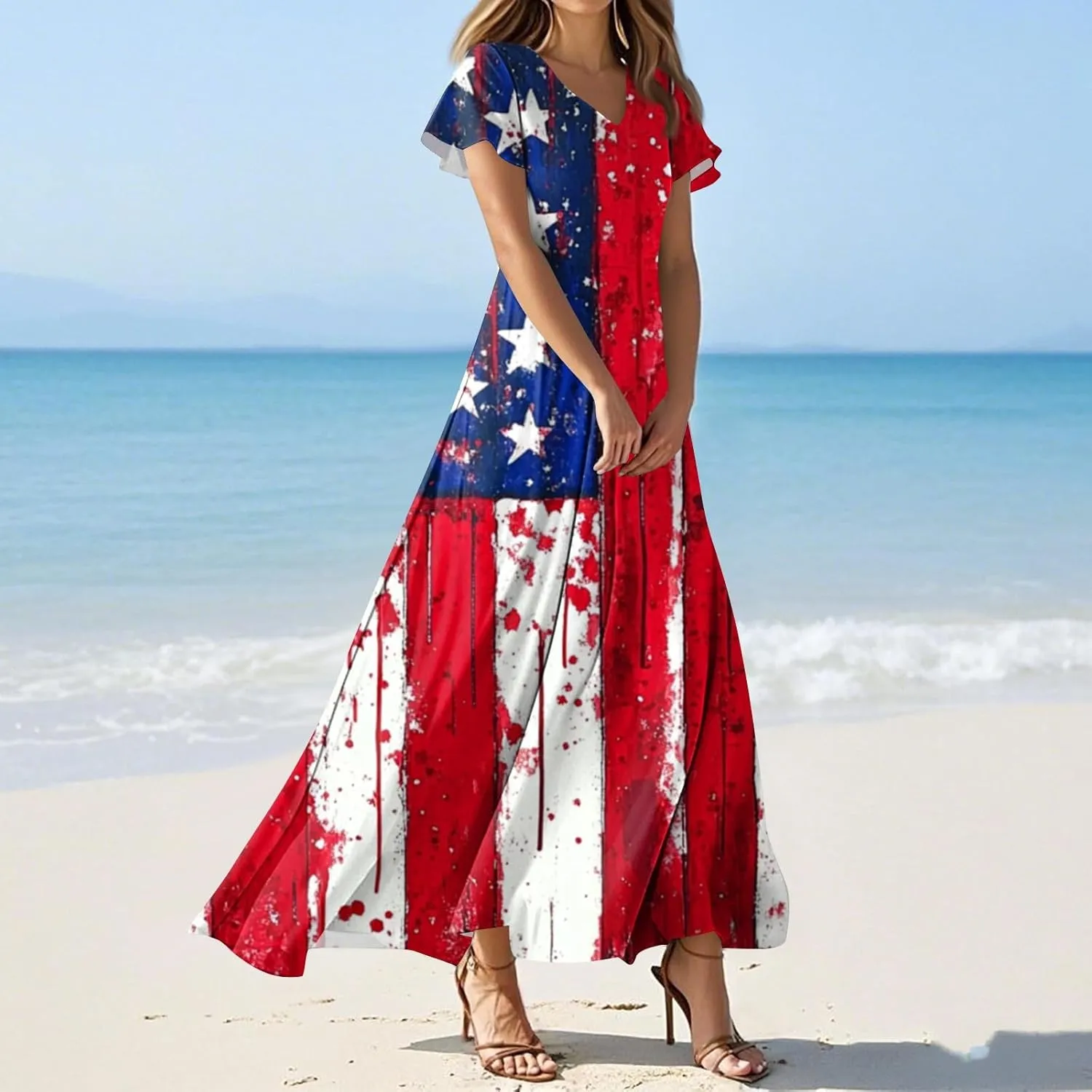 4th of July Dress Women's Summer Casual Fashion Independence Day Printed Outfit V-Neck Short Sleeve Dresses
