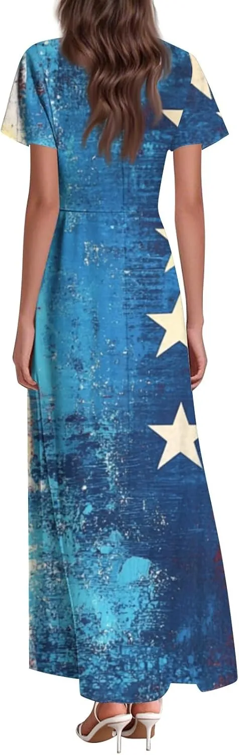4th of July Dress Women's Summer Casual Fashion Independence Day Printed Outfit V-Neck Short Sleeve Dresses