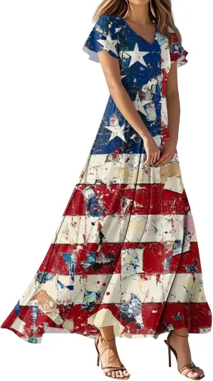 4th of July Dress Women's Summer Casual Fashion Independence Day Printed Outfit V-Neck Short Sleeve Dresses