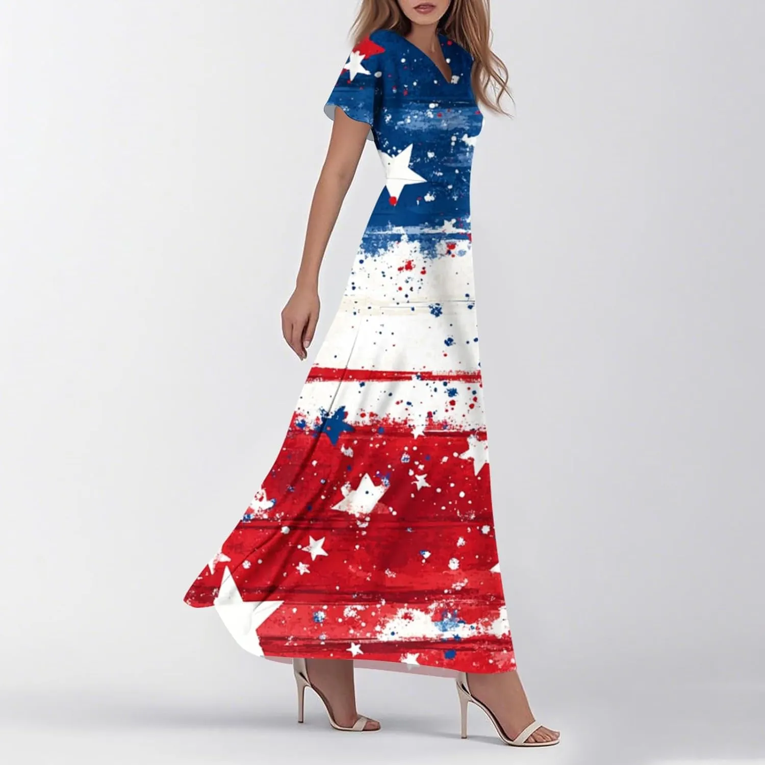 4th of July Dress Women's Summer Casual Fashion Independence Day Printed Outfit V-Neck Short Sleeve Dresses
