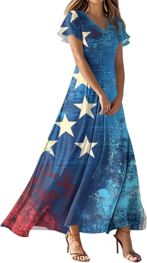 4th of July Dress Women's Summer Casual Fashion Independence Day Printed Outfit V-Neck Short Sleeve Dresses