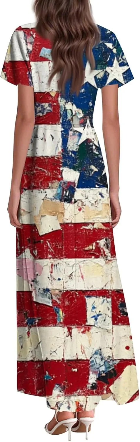 4th of July Dress Women's Summer Casual Fashion Independence Day Printed Outfit V-Neck Short Sleeve Dresses