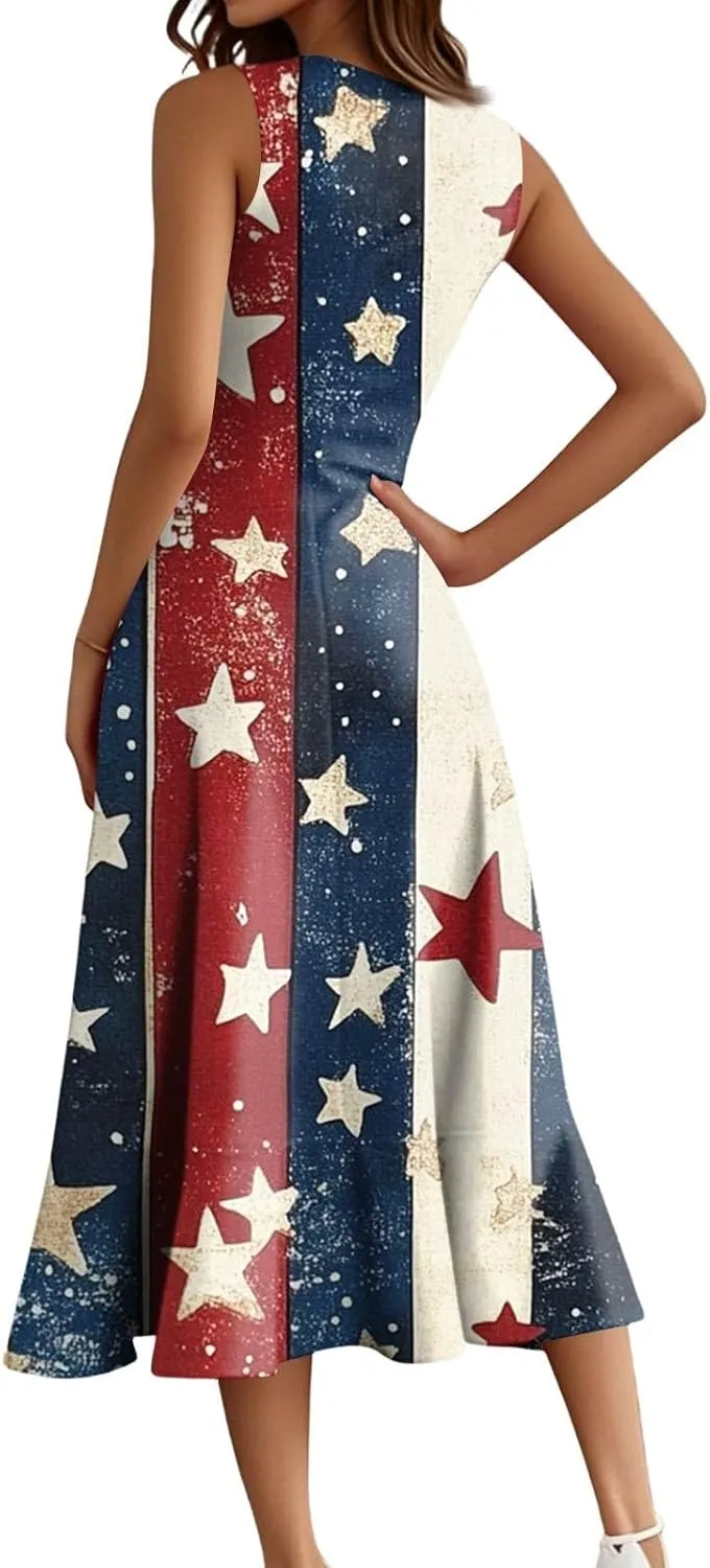 4th of July Dresses Women's Fashion Casual Zipper Sleeveless Round Neck Independence Day Elegant Temperament Ruffle Dresses