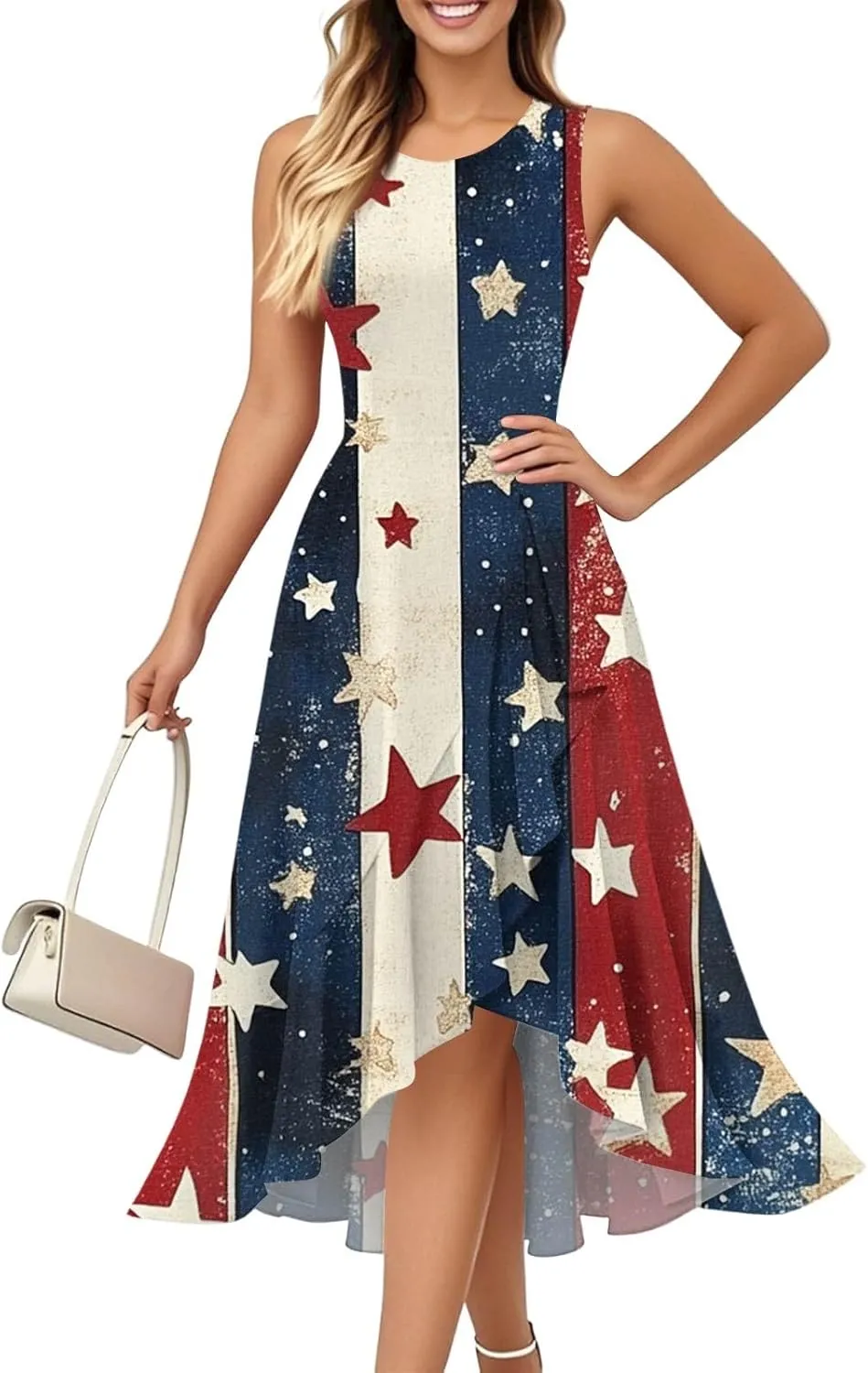 4th of July Dresses Women's Fashion Casual Zipper Sleeveless Round Neck Independence Day Elegant Temperament Ruffle Dresses