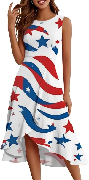 4th of July Dresses Women's Fashion Casual Zipper Sleeveless Round Neck Independence Day Elegant Temperament Ruffle Dresses
