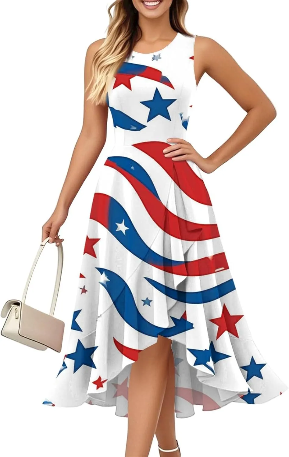 4th of July Dresses Women's Fashion Casual Zipper Sleeveless Round Neck Independence Day Elegant Temperament Ruffle Dresses