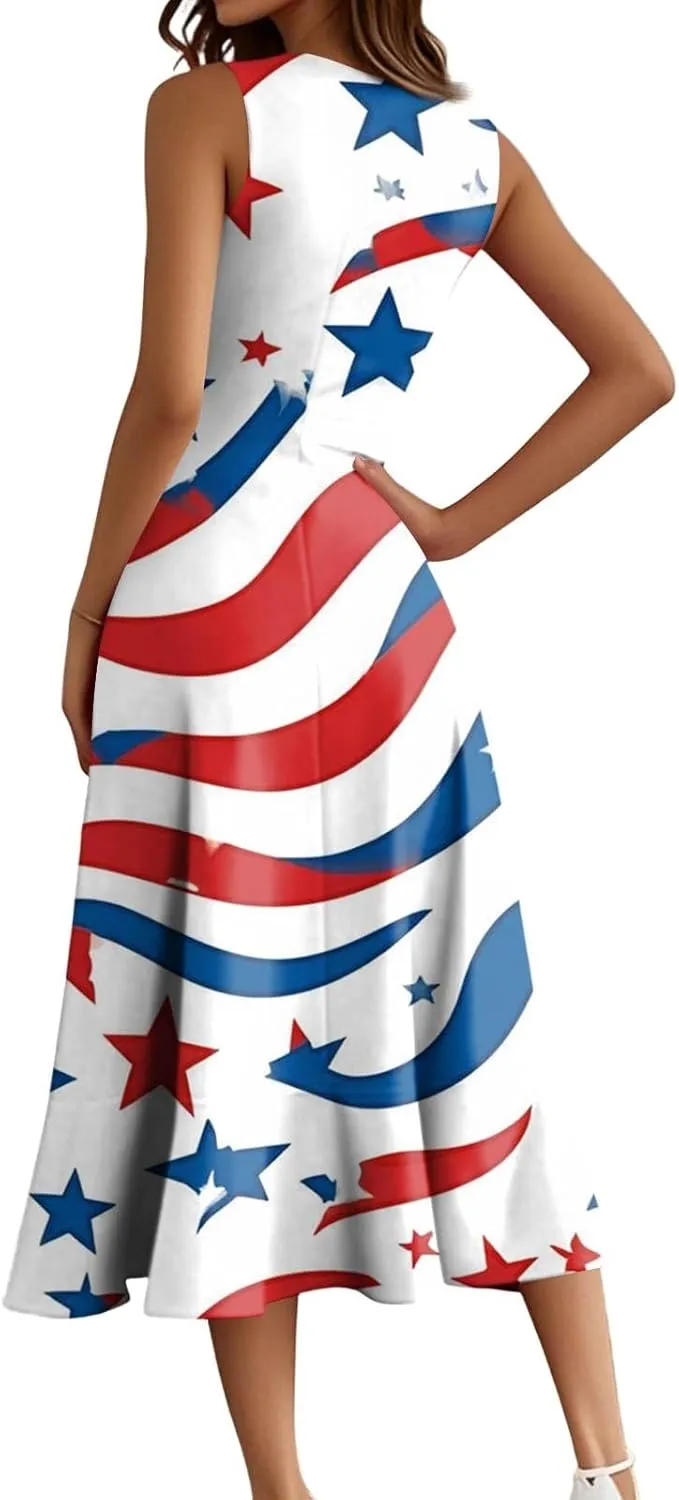 4th of July Dresses Women's Fashion Casual Zipper Sleeveless Round Neck Independence Day Elegant Temperament Ruffle Dresses