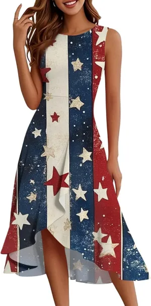 4th of July Dresses Women's Fashion Casual Zipper Sleeveless Round Neck Independence Day Elegant Temperament Ruffle Dresses