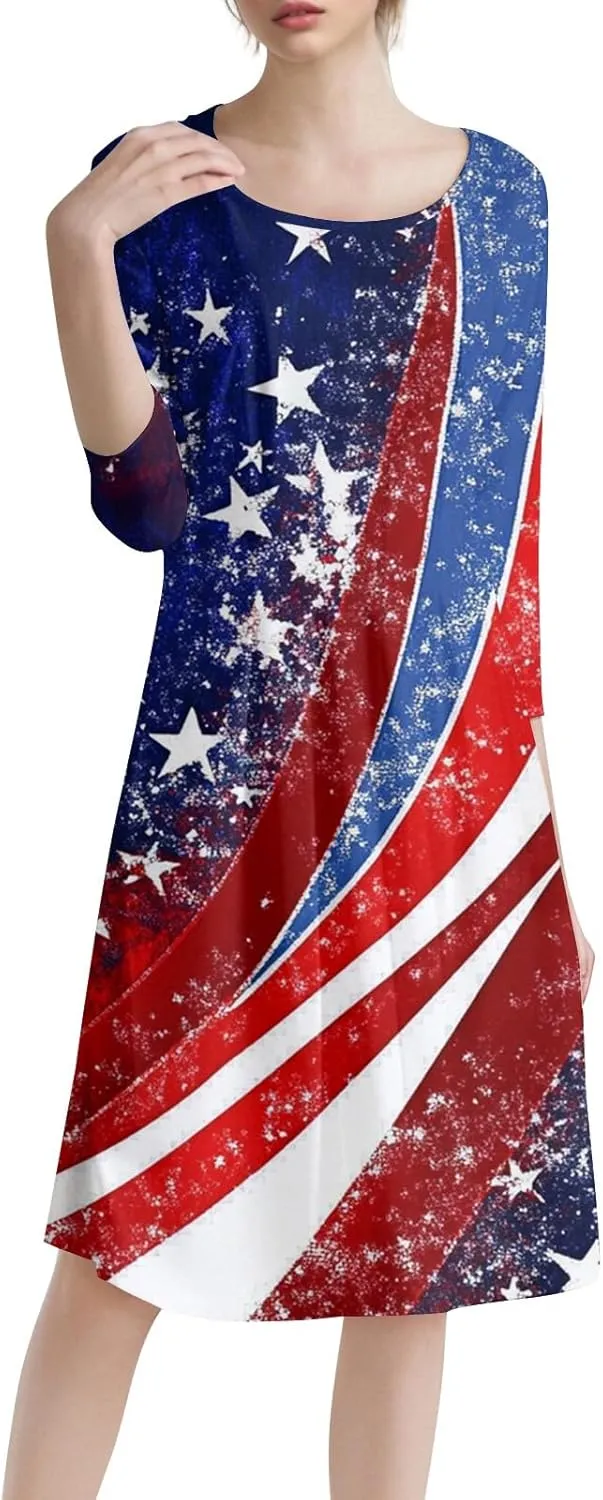 4th of July Outfits Casual Fashion Round Neck Three Quarter Sleeve Print Midi Dress Independence Day Apparel